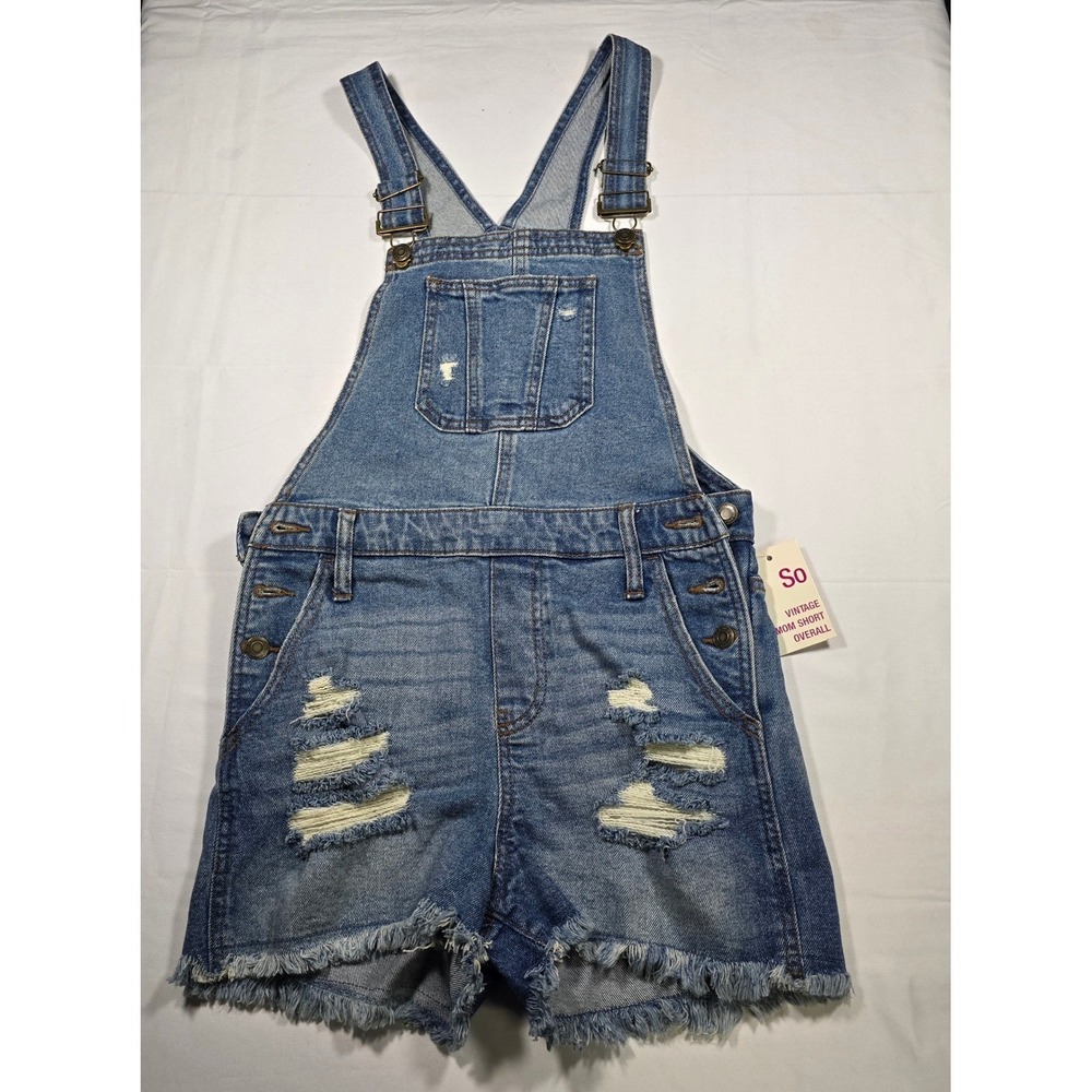 SO Vintage Stretch Mom Short Overalls Distressed Denim‎ Medium Wash Small NWT